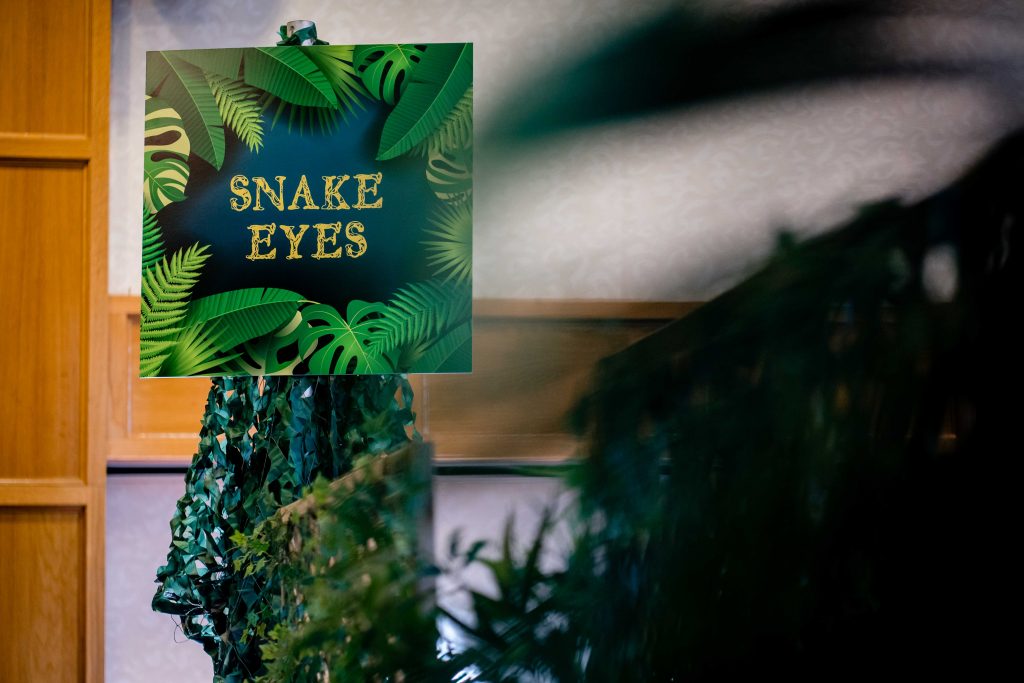 Jungle theme sign saying 'snake eyes'